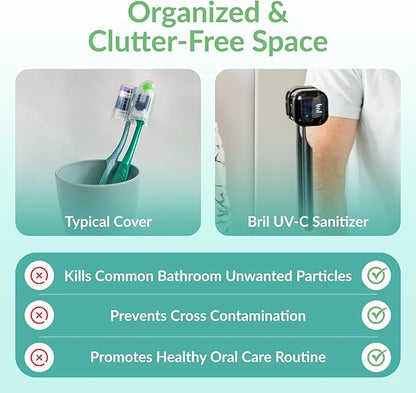 Bril UV-C Toothbrush Sanitizer and Holder – Wall Mounted, Rechargeable, 30-Day Battery, Magnetic Mount, Fits Electric and Manual Brushes, Portable Travel Case, Auto-Shutoff – Black