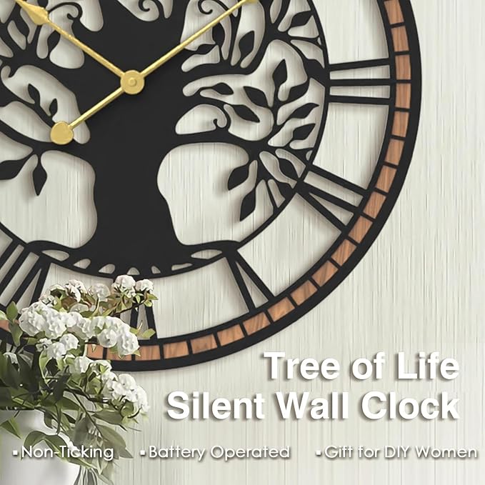 Micasso Non-Ticking Large Wall Clock: 15Inch Tree of Life Metal Black with Solid Wood Frame - Battery Operated Silent Clock for Living Room/Office/Bedroom/Kitchen - Home Decor for Teen