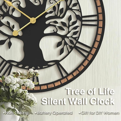 Micasso Non-Ticking Large Wall Clock: 15Inch Tree of Life Metal Black with Solid Wood Frame - Battery Operated Silent Clock for Living Room/Office/Bedroom/Kitchen - Home Decor for Teen