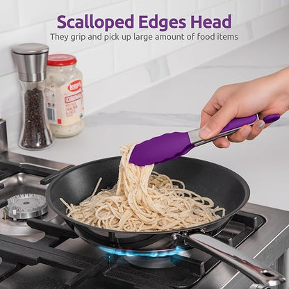 600ºF Heat Resistant Kitchen Tong: U-Taste 7 inch Silicone Cooking Tong with Firm Sealed Non Stick Rubber Tips & Silicon Coated 18/8 Stainless Steel Handle & Smooth Locking for Serving Salad (Purple)