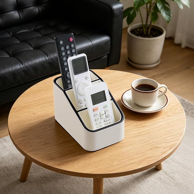 PU Leather Remote Control Holder, Small Desk Organizer Office Supply Bedside Caddy for Nightstand End Table Couch, Pen Remote Organizer with 3 Compartments (Cream)