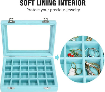 Vicoter Velvet Jewelry Box 24 Grid Jewelry Ring Display Organiser Box Tray Holder Earrings Storage Case for Girls Wife Mom Women (Light Blue)