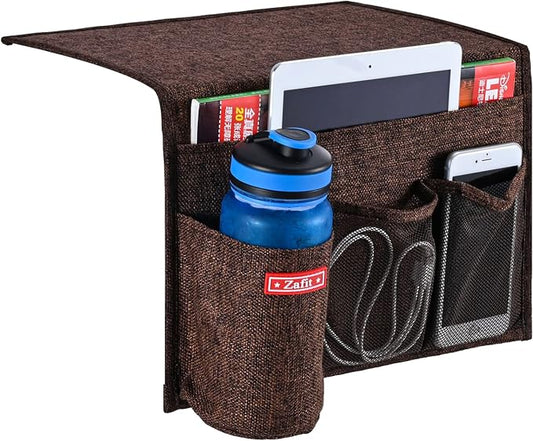 Zafit Linen 4 Pockets Bedside Caddy, Bedside Storage Organizer for Magazine, Remotes, Phone (Coffee)