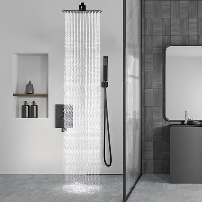 Aolemi Shower Faucet Set Rain Shower System with Handheld Spray Bathroom Shower Combo Rough-in Valve and Shower Trim Kit Included Matte Black 10 Inch Wall Mount Shower Head