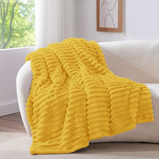 BEDELITE Fleece Throw Blanket for Couch - 300GSM Soft & Warm Fluffy Yellow Blanket, Decorative and Giftable Striped Blankets for Women, Men, 50"x60"