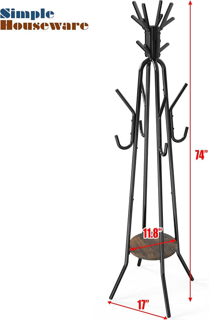 Simple Houseware Standing Coat Hat Hanger Organizer Tree Shaped Rack with Shelf for Entryway, Bedroom, and Hallway, 20 Hooks, Rustic Brown