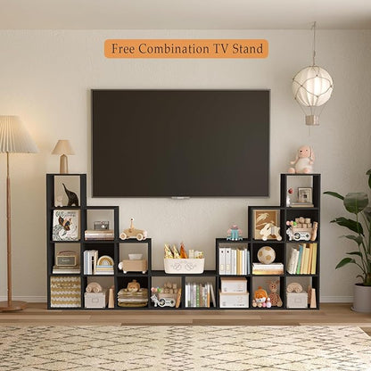 Ladder Cube Storage Bookcase - Wooden L-Shaped 4-Tier Corner Shelf, Reversible 10-Cube Organizer for Home & Office, Black