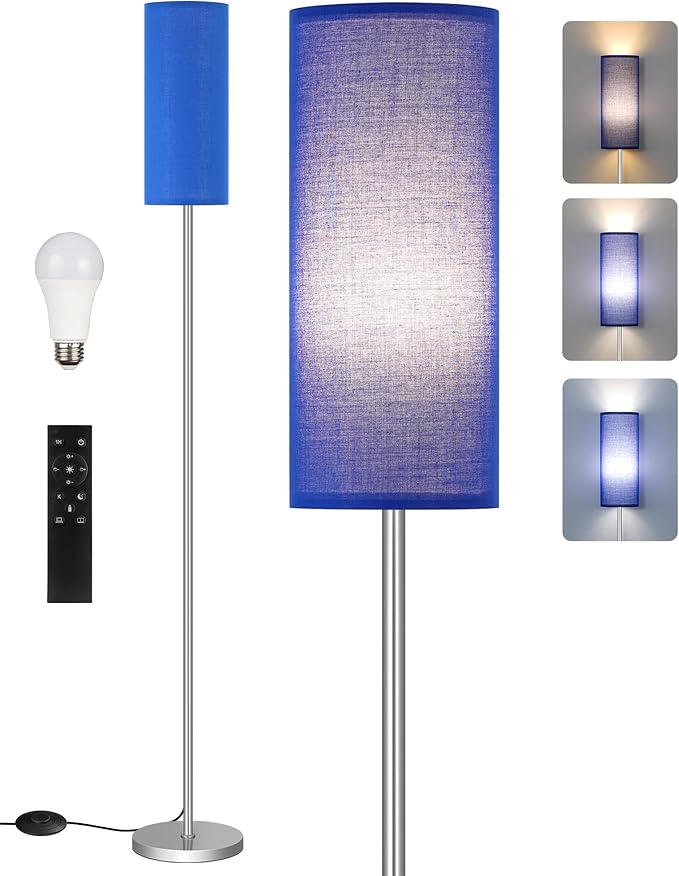 Dimmable Floor Lamps for Living Room with Remote and Foot Switch, 64.4” Modern Standing Tall Lamp, Corner Lamp for Bedroom, Office, Bulb Included, 3000K-6500K, Blue and Silver, FCC Listed SU06LD05W1