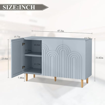 ARTPOWER 47" Accent Cabinet with Cloud Relief, Sideboard Buffet Cabinet with 3 Doors, Modern Decorative Credenza with Storage for Living Room, Kitchen, Dining Room, Hallway, Entryway, Blue