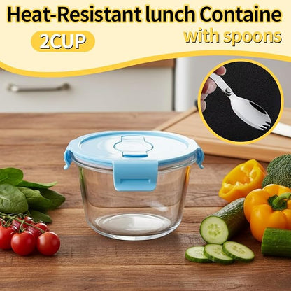 2 Cup Round Glass Soup Container with Lids and Spoons, 16oz Round Food Containers set, BPA-Free Small Borosilicate Glass Meal Prep Bowls for Leftover, Office. Oven, Freezer Safe (4 Pack)