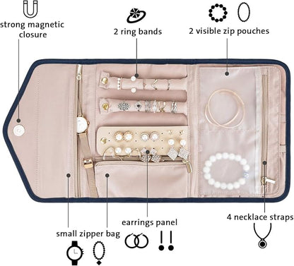 BAGSMART Travel Jewelry Organizer Roll Foldable Jewelry Case for Journey-Rings, Necklaces, Bracelets, Earrings, Smokey Blue