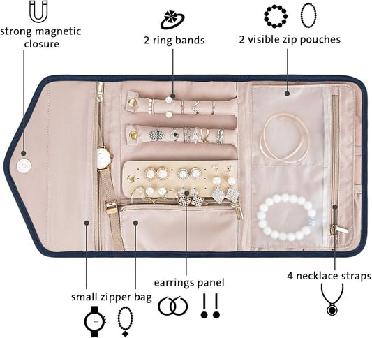 BAGSMART Travel Jewelry Organizer Roll Foldable Jewelry Case for Journey-Rings, Necklaces, Bracelets, Earrings, Smokey Blue