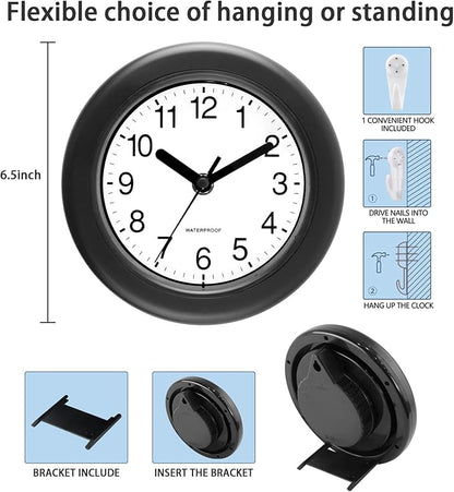 Caysie 6.5 Inch Sealed Small Indoor Outdoor Clock Waterproof, Hanging or Standing Silent Battery Operated Wall Clocks for Pool Patio Bathroom Shower (Black)