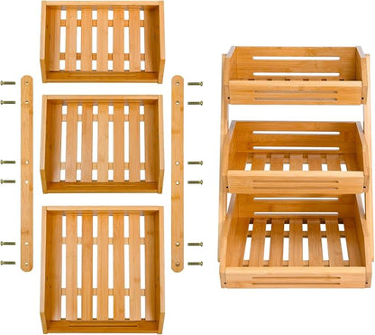 VIKEYHOME Fruit Basket, 3 Tier Bamboo Fruit Bowl for Kitchen, Stand Storage Holder, Heavy Duty/Large Capacity for Fruit, Vegetables Countertop Organizer