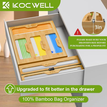 KOCWELL Bamboo Bag Storage Organizer - 2 Wrap Dispenser with Cutter & 4 Slots Food Storage Bags Container - Kitchen Drawer Plastic Bags Storage Organization for Gallon Quart Sandwich Snack Bags