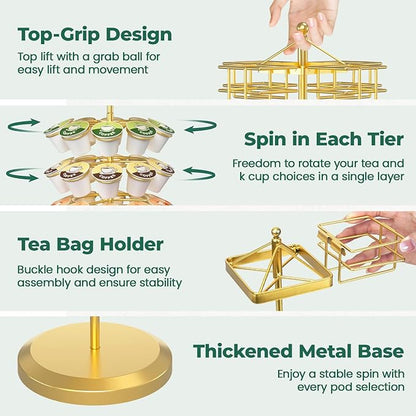 EsLuker.ly K Cup Holder Coffee Pod Organizer Carousel for Countertop, Rotatable Metal 4-Tier Storage Rack Stand for 30 K Cups & Tea Bags, Convenience Meets Elegance, Gold