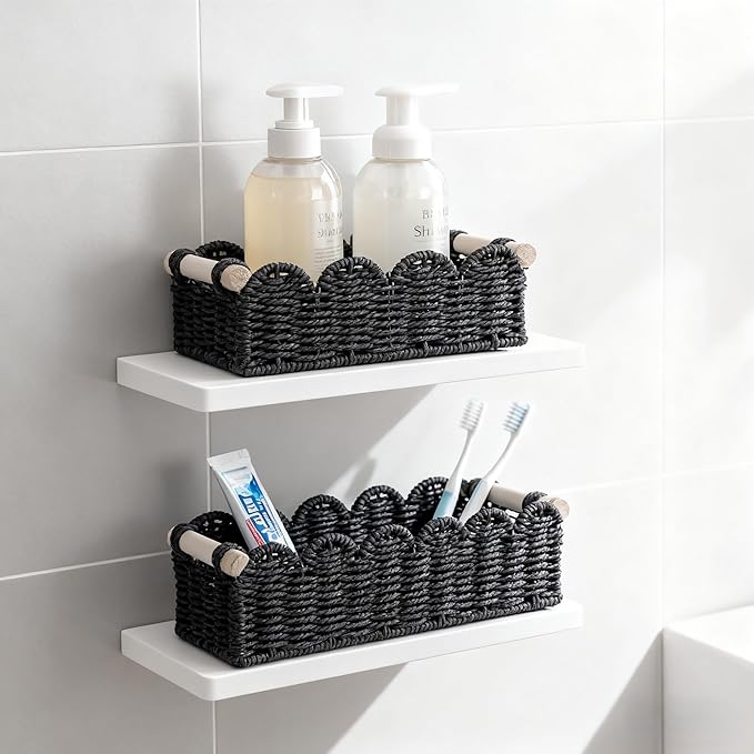 Black Scalloped Edge Storage Baskets with Wood Handle, Set of 2 – Decorative Paper Rope Organizer Bins for Bathroom, Shelf & Countertop