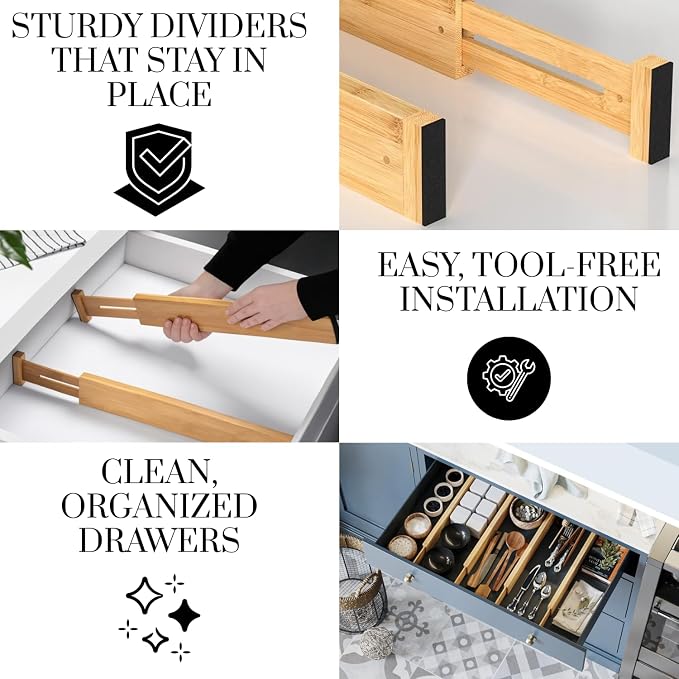Expandable Bamboo Drawer Dividers 8 pack with labels(17"-22") Drawer Organizer for Kitchen, Clothes,Utensils,Silverware,Dresser,Office,Desk