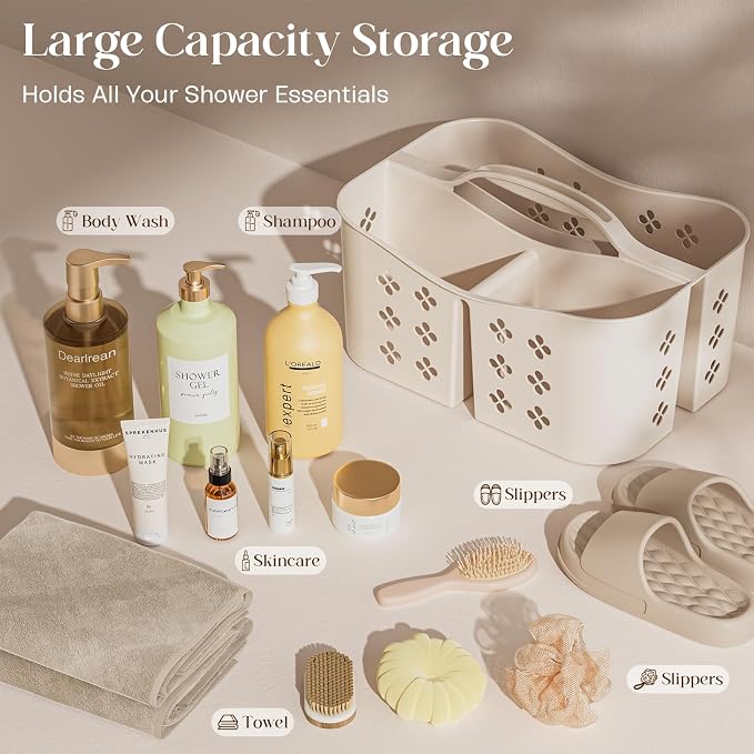 Portable Shower Caddy with Handle, Large Capacity Shower Basket Organizer, Quick-Drain Bathroom Storage Tote, Durable Plastic Shower Organizer for College Dorm, Beach, Gym, Travel Essentials, Beige