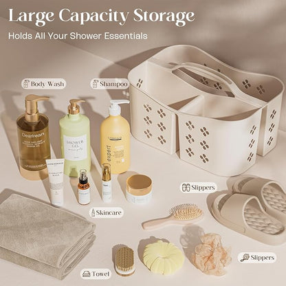 Portable Shower Caddy with Handle, Large Capacity Shower Basket Organizer, Quick-Drain Bathroom Storage Tote, Durable Plastic Shower Organizer for College Dorm, Beach, Gym, Travel Essentials, Beige