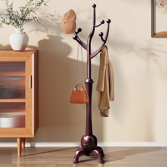 Wooden Coat Rack Freestanding with 8 Hooks, Heavy Duty Coat Hanger Stand with Stable Base, Vintage Coat Tree Standing Coat Racks for Entryway, Hallway, Bedroom (Wine Red)