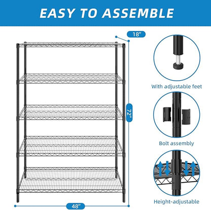 Guan River 5-Shelf Adjustable Metal Shelf Wire Shelving Unit Heavy Duty Storage Rack Display Shelf for Office,Kitchen,Bedroom,Bathroom,Laundry,Pantry Basement,Garage(Black,48" L x 18" W x 72" H)