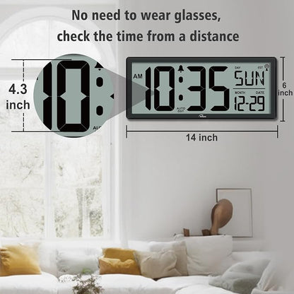 WallarGe 14.5'' Atomic Clock with Backlight, Large Digital Wall Clock Battery Operated, Large Display with Temperature and Date, Easy to Read and Set Digital Wall Clock, Auto DST