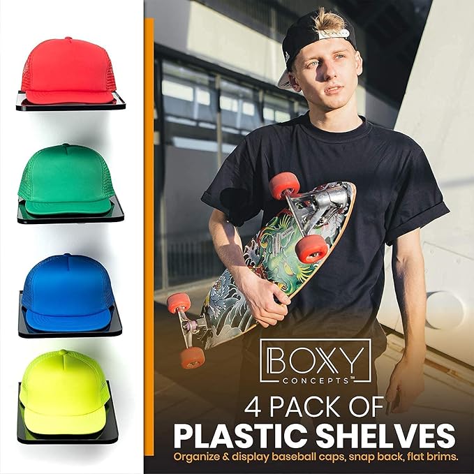 Boxy Concepts Hat Rack for Wall - Pack of 4, Black - Quick 3M Tape & Nail Mount - Showcase Collection, Baseball Cap Display Shelves - Flexible Layout Options, Racks For Caps