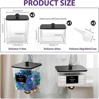2+1 Pack Clear Laundry Pods Container & Dryer Sheet Holder, Plastic Square Laundry Room Organization and Storage Jars with Black Lids, Scoops & Labels for Detergent, Powder, Dryer Balls