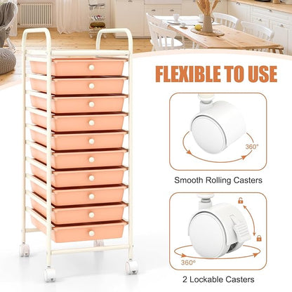 COSTWAY 10-Drawer Rolling Storage Cart, Utility Mobile Trolley with Removable Drawers & Universal Casters & 2 Brakes, Versatile Flexible Drawer Organizer Cart for Home, Office, Peach