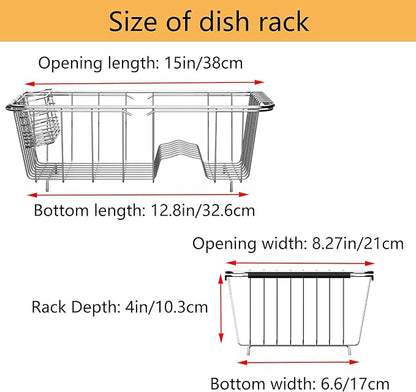 NiuYichee Stainless Steel Dish Drying Rack(14.2"L x 9.5"W x 4.1"H), Expandable Fruit & Vegetable Drain Rack over Sink, Dish Drainer Rack in Sink, with Stainless Steel Utensil Holder & 16" Silicone Mat