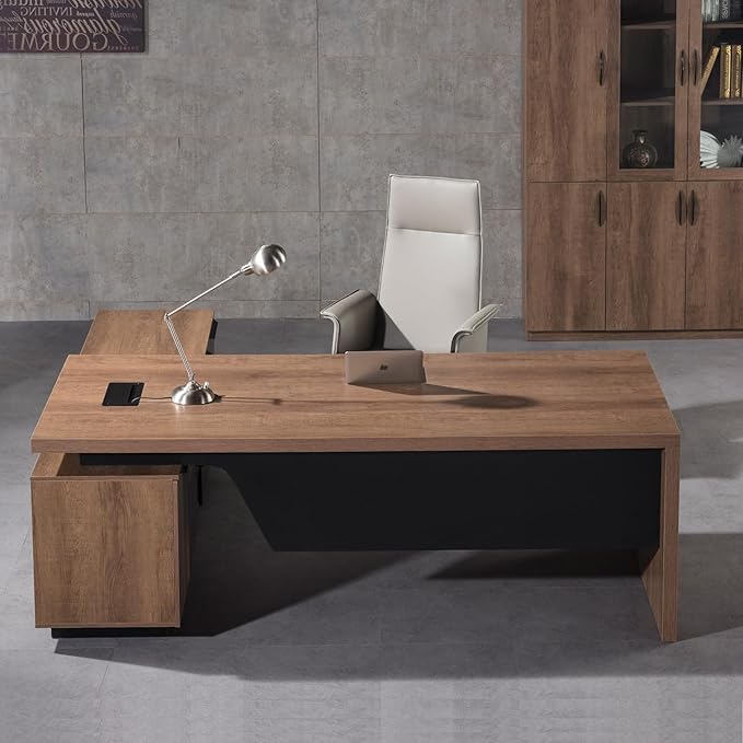SAINTCY Retractable L-Shaped Executive Desk, Commercial-Grade Office Desk with Reversible Storage Cabinet, Built-in Power Hub, Modern Executive Desk for Home & Business Office