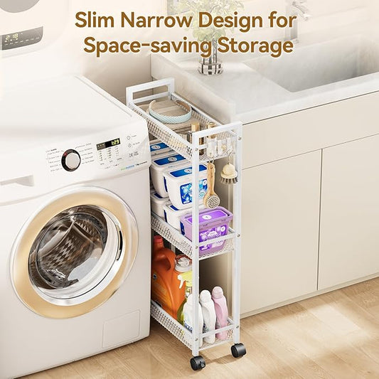 YASONIC Slim Rolling Storage Cart, Metal 3 Tier Bathroom Storage Organizer Laundry Room Utility Cart for Kitchen, Bthroom, Makeup, Craft, Laundry Narrow Places, White