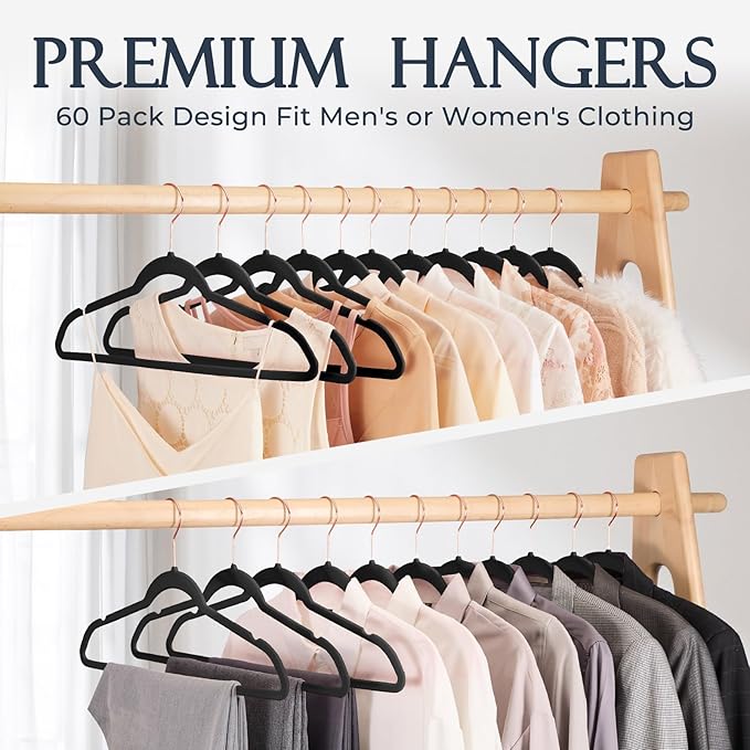HOUSE DAY Velvet Hangers 30 Pack, Premium Non-Slip Felt Hangers, Sturdy Black Clothes Hanger Heavy Duty, Space Saving Durable Suit Coat Hanger, 360° Rotating Rose Gold Hook