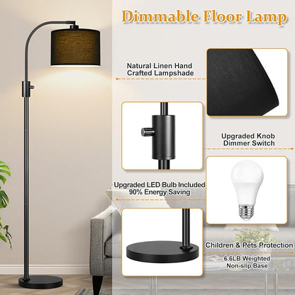Nintiue Upgraded Modern Arc Dimmable Tall Standing Floor Lamp with Black Shade, 1200 Lumens LED Bulb Included, for Living & Reading Room, Bedroom, Office & Nursery, Black