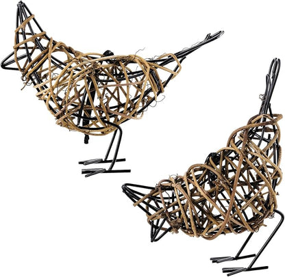 Natural Rattan Bird Sculptures Set of 2 - Christmas Ornament - Handwoven Metal Wire Figurine Table Decor, Rustic Farmhouse Accent with Memo Clip & (6x5.5x2.3in)
