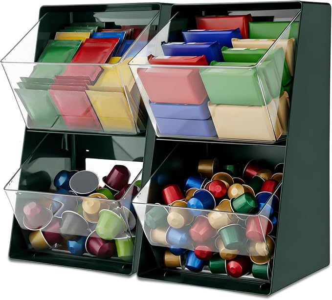 2 Pack Large Coffee Pod Holder, Coffee Station Counter Container Stackable Pantry Storage Organizer Bins, Creamer Suger Plastic Accessories Organizer for Office Home Kitchen Supplies(Green)