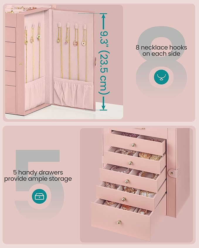 SONGMICS 6-Layer Jewelry Box Organizer with 5 Drawers, Jewelry Storage Case with Lock and Mirror, Large Storage Capacity, Gift for Loved Ones, for Necklaces, Watches, Jelly Pink UJBC152SA02S