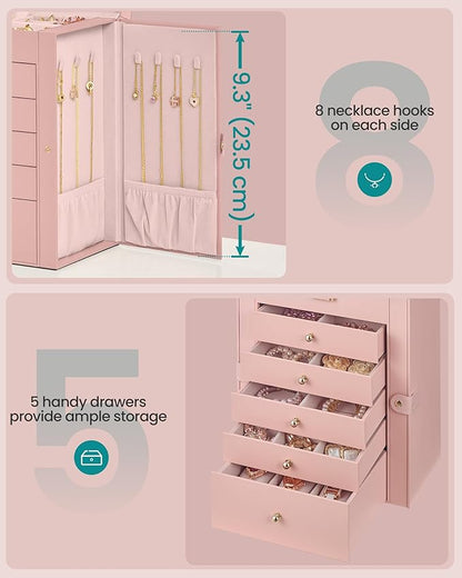 SONGMICS 6-Layer Jewelry Box Organizer with 5 Drawers, Jewelry Storage Case with Lock and Mirror, Large Storage Capacity, Gift for Loved Ones, for Necklaces, Watches, Jelly Pink UJBC152SA02S
