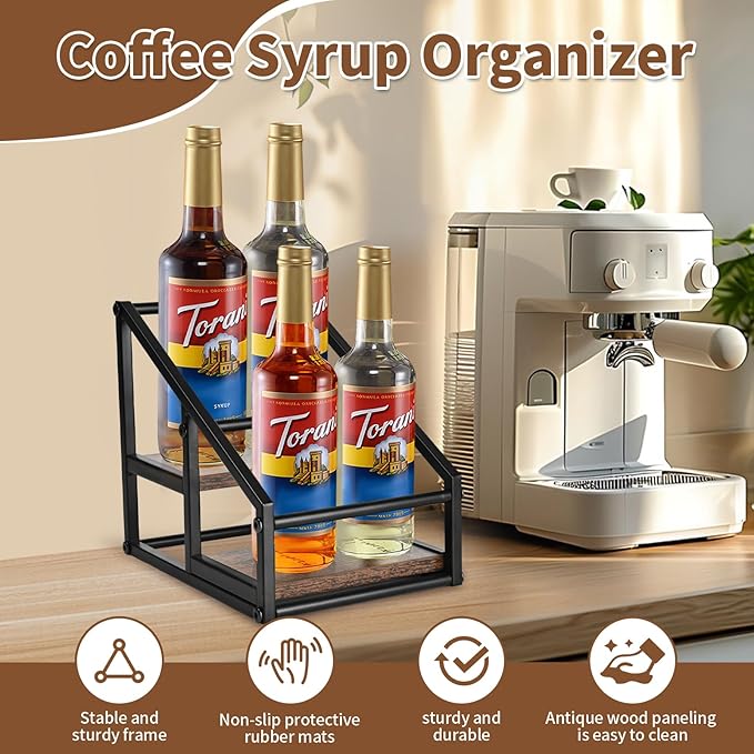 YQBRAO Coffee Syrup Rack Organizer,Liquor Bottle Display Shelf,2-Tier 4 Bottle Stand for Coffee Bar, Kitchen Station, Liquor, Wine, Dressing,Rustic Brown