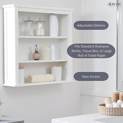 Dorset Wall Mounted Bath Storage Cabinet, 27 in. W x 29 in. H, White, Two Open Shelves, Zinc Metal Hinges, Easy Mount French Cleat System, Ideal for Bathroom Organization and Space Saving