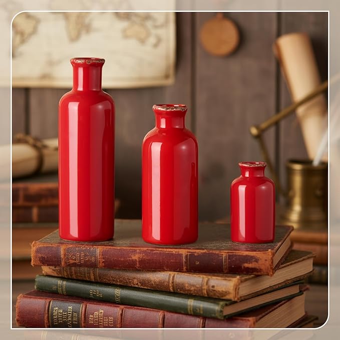 5 Pcs Rustic Country Tabletop Centerpieces Decor Set of 3 Boho Ceramic Vases with Wooden Serving Tray Wood Bead Garland Tassels Table Holder for Home Decorations (Red)