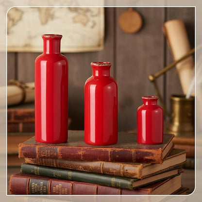 5 Pcs Rustic Country Tabletop Centerpieces Decor Set of 3 Boho Ceramic Vases with Wooden Serving Tray Wood Bead Garland Tassels Table Holder for Home Decorations (Red)