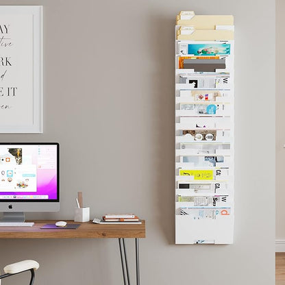 Wallniture Lisbon 15-Tier Wall Mounted File Holder and Desk Organizer, Metal White Office Organization and Storage Rack