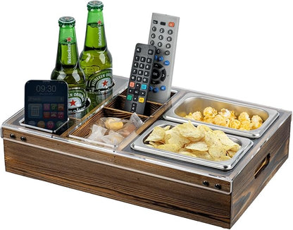 MyGift Couch Caddy Rustic Burnt Solid Wood and Premium Clear Acrylic TV Snack Tray with 2 Stainless Steel Snack Bowls, Dual Cutout Anti-Spill Drink Holders, Remote Control and Cell Phone Slots