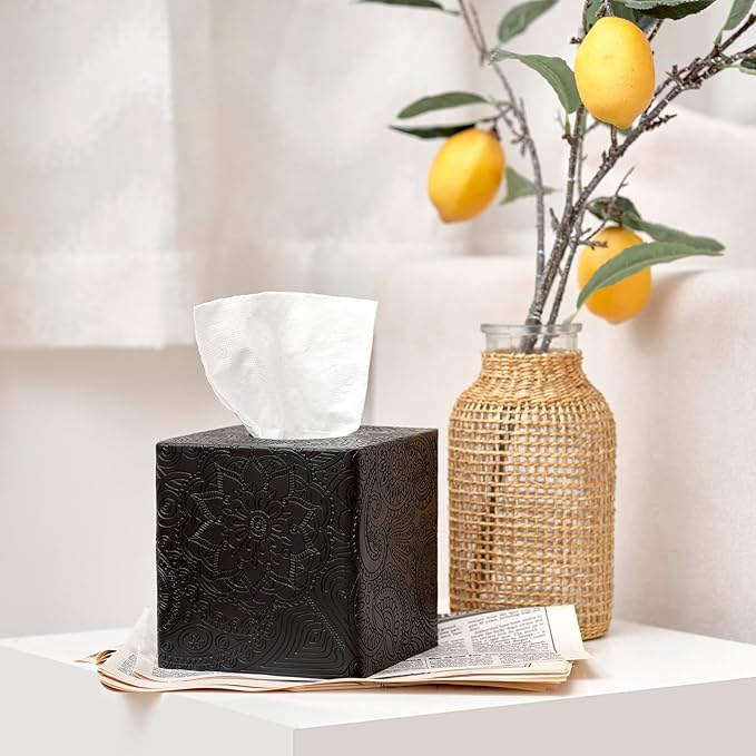 Square Tissue Box Cover Decorative,Napkin Dispenser,Facial Paper Holder for Bathroom Vanity Countertop,Bedroom Dresser,Night Stand, Desk, Office and End Table,Boho Flowers Black