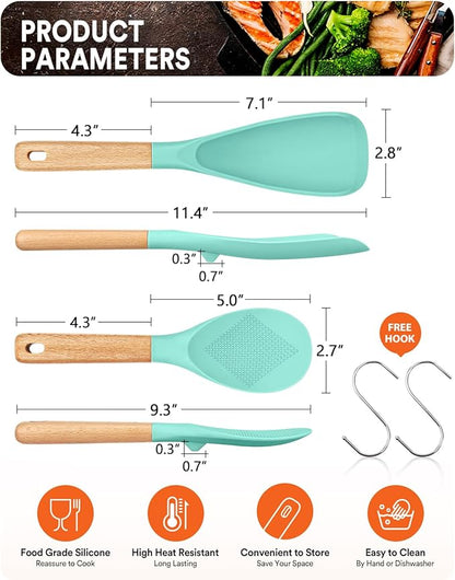 Cooking Spoon and Rice Scooper for Nonstick Cookwares, Great for Cooking and Serving Sturdy BPA-Free Matte Silicone, Wood Handle Spoon for Mixing, Scoop, and Scrape (GREEN)