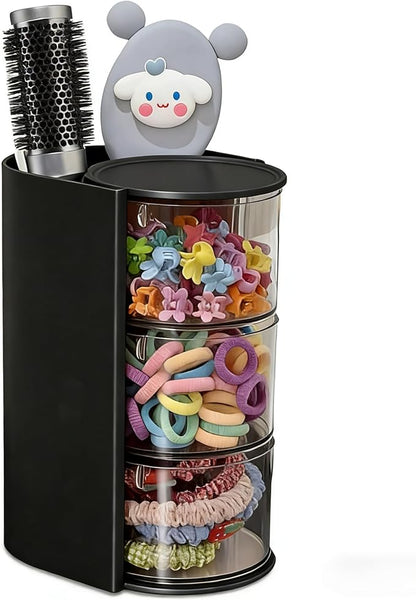 Azurphoric Hair Accessories Organizer with Hair Brush Holder, Rotatable Makeup Brush Holder for Necklaces, Earring, Bracelet, Ring, Makeup Brushes, Hair Clip and Hair Accessories (Black, 3-Layer)