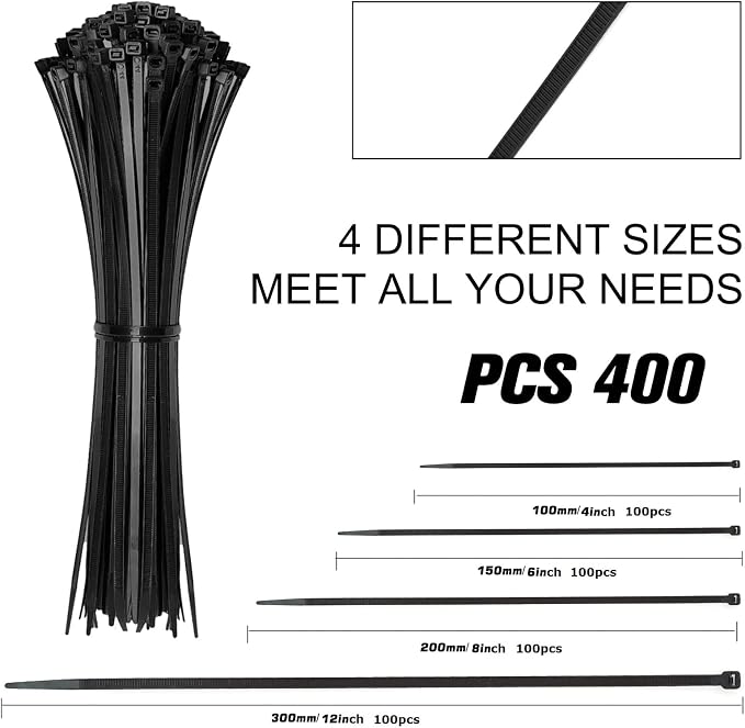 Cable Zip Ties,400 Pack Black Assorted Sizes 12+8+6+4 Inch,Multi-Purpose Self-Locking Nylon Cable Cord Management,Plastic Wire Ties for Home,Office,Garden,Workshop. By HAVE ME TD