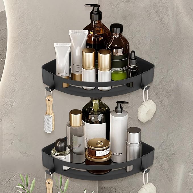 NearMoon Bathroom Shower Caddy 2 Pack, No Drill 304 Stainless Steel Shower Organizer with 2 Hooks (Corner Shelf, Matte Black)
